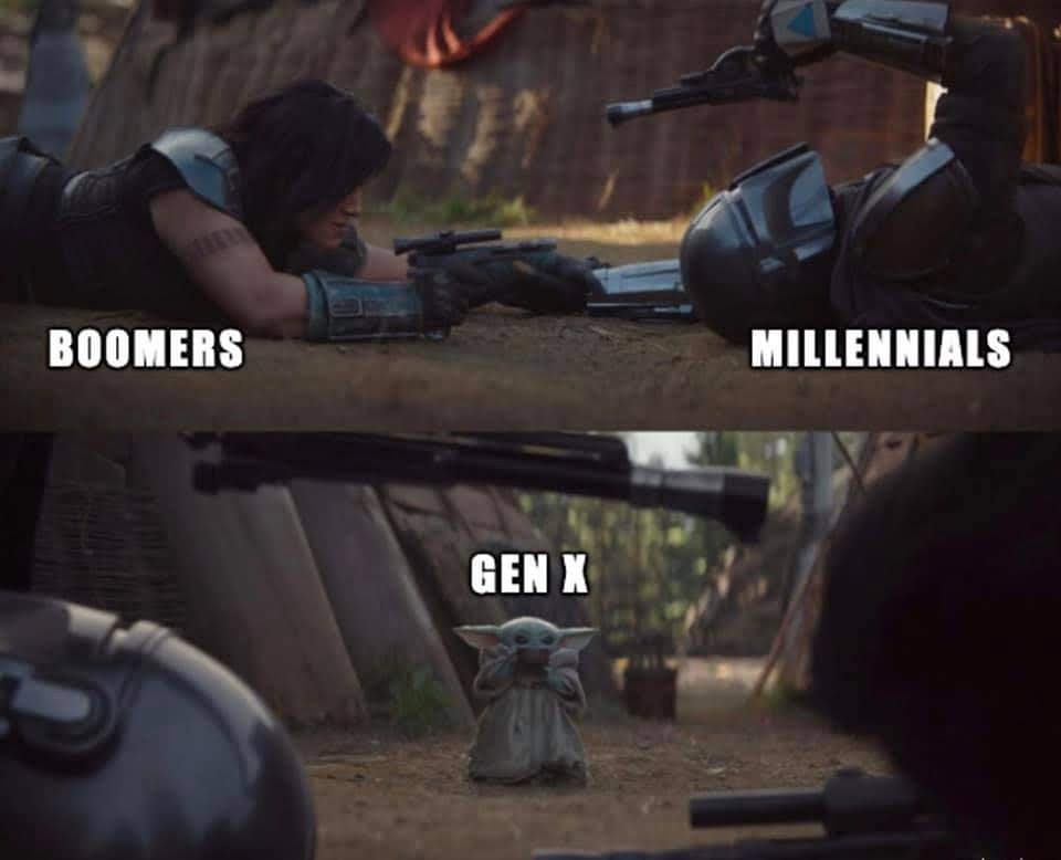 This meme is a humorous comparison between two generations: Boomers and Millennials. The image depicts a scene from the movie "The Mandalorian" where a character is about to shoot a target, but instead of a person, it's a baby Yoda. The text above the image reads "Boomers" and below it reads "Millennials". The meme is poking fun at the stereotype that Boomers are more likely to shoot first and ask questions later, while Millennials are more cautious and would rather ask questions first.